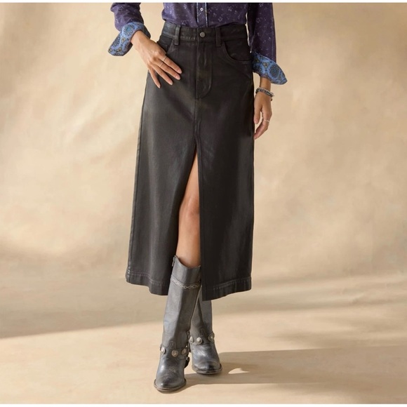 NWT Sundance Women’s Coated Bronte Black A-Line Midi Denim Skirt Size Waist 30” - Picture 1 of 9